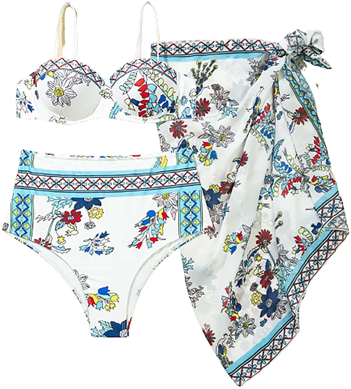 SOLY HUX Women's Wrap Triangle Bikini Bathing Suits with Mesh Beach Skirt 3 Piece Swimsuits Apparel & Accessories > Clothing > Swimwear KYLIE MAX Floral Push Up Large 