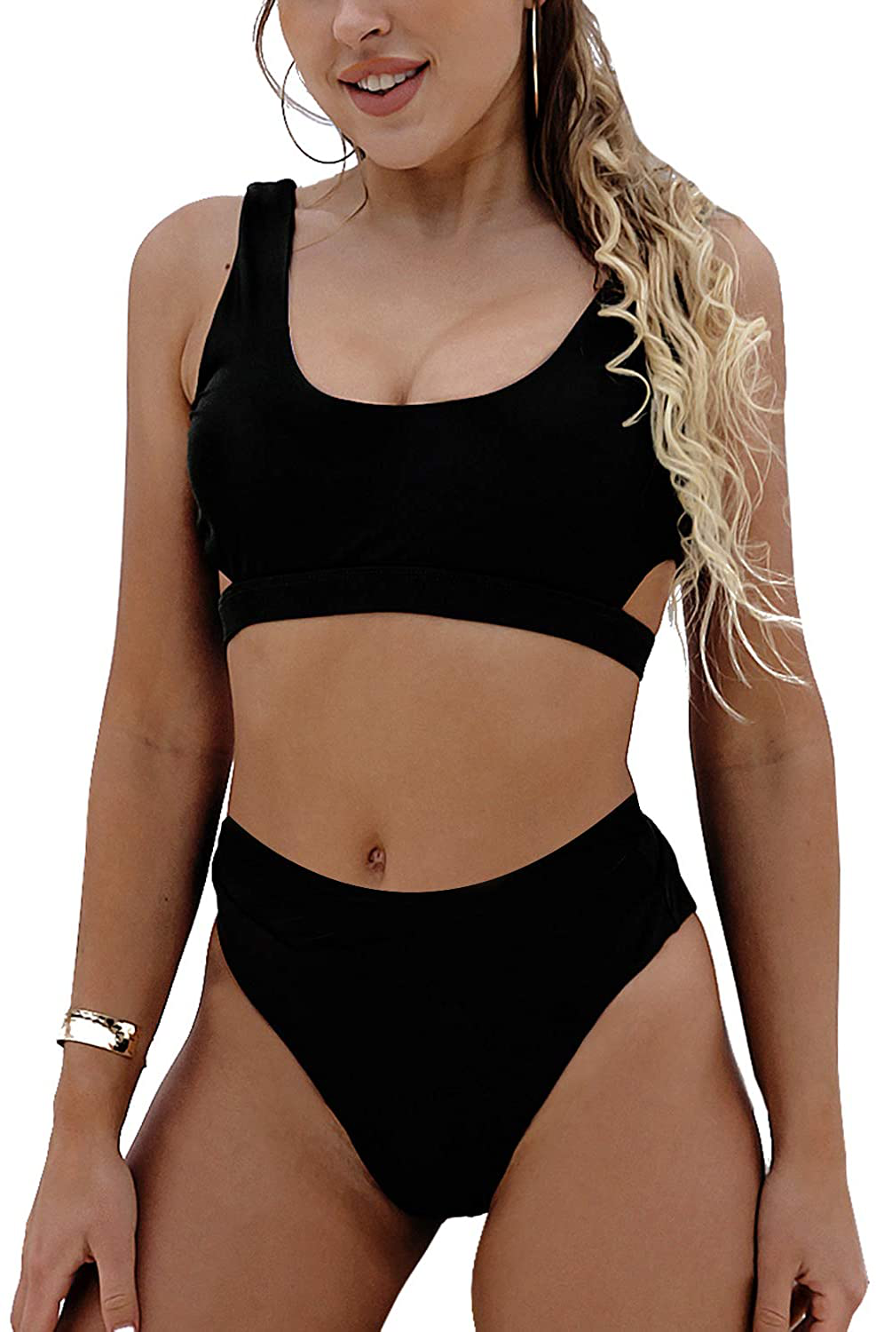 Blooming Jelly Women's High Waisted Swimsuit Crop Top Cut Out Two Piece Cheeky High Rise Bathing Suit Bikini Apparel & Accessories > Clothing > Swimwear Blooming Jelly Black Large 