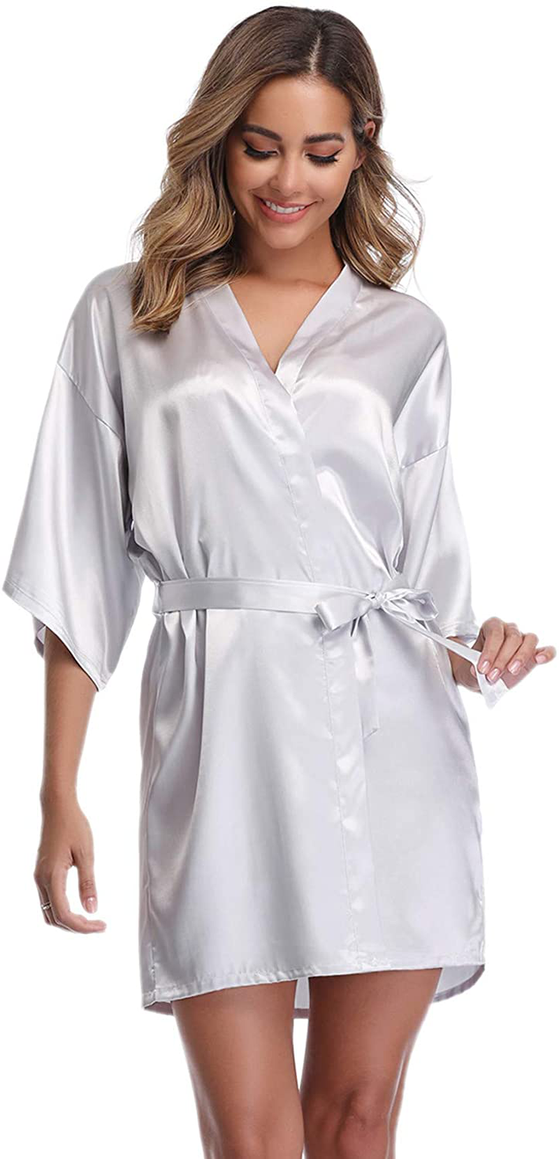Vlazom Women'S Kimono Robes Short Satin Pure Color Bridal Party Robe with Oblique V-Neck Apparel & Accessories > Clothing > Sleepwear & Loungewear > Robes KYLIE MAX   