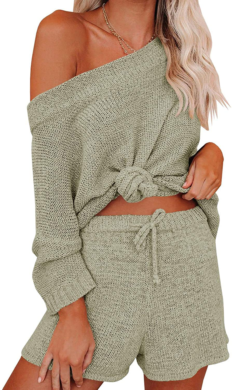 Ermonn Womens 2 Piece Outfits Sweater Sets off Shoulder Knit Tops Waist Short Suits Casual Pajama Set Apparel & Accessories > Clothing > Sleepwear & Loungewear Kylie Max   