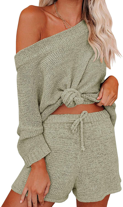 Ermonn Womens 2 Piece Outfits Sweater Sets off Shoulder Knit Tops Waist Short Suits Casual Pajama Set Apparel & Accessories > Clothing > Sleepwear & Loungewear Kylie Max   