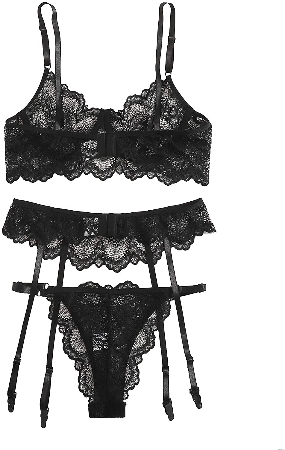Shein Women'S 3 Piece Floral Lace Lingerie Set with Garter Belts Sexy Bra and Panty Apparel & Accessories > Clothing > Underwear & Socks > Lingerie SheIn   