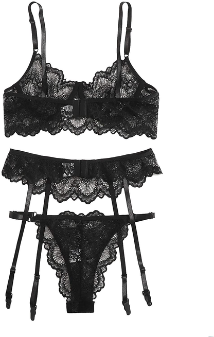 Shein Women'S 3 Piece Floral Lace Lingerie Set with Garter Belts Sexy Bra and Panty Apparel & Accessories > Clothing > Underwear & Socks > Lingerie SheIn   