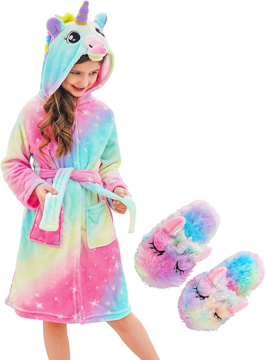 Doctor Unicorn Soft Unicorn Hooded Bathrobe Sleepwear Matching Slippers Girls Apparel & Accessories > Clothing > Sleepwear & Loungewear > Robes Kylie Max   