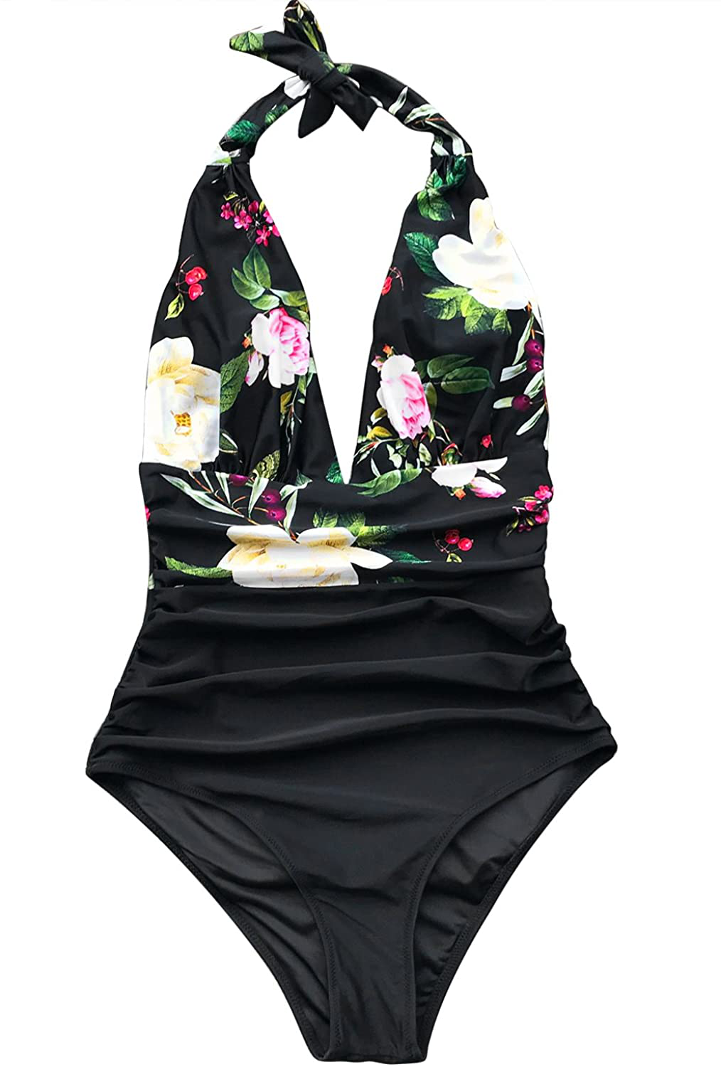 CUPSHE Women'S One Piece Swimsuit Halter Plunge Neck Ruched Tummy Control Bathing Suits Apparel & Accessories > Clothing > Swimwear Kylie Max   
