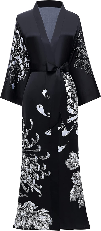 PRODESIGN Long Kimono Robe Satin Sleepwear Gradient Watercolor Silky Kimono Nightgown Bathrobe Kimono Blouse Cardigan Apparel & Accessories > Clothing > Sleepwear & Loungewear > Robes KYLIE MAX Chrysanthemum  
