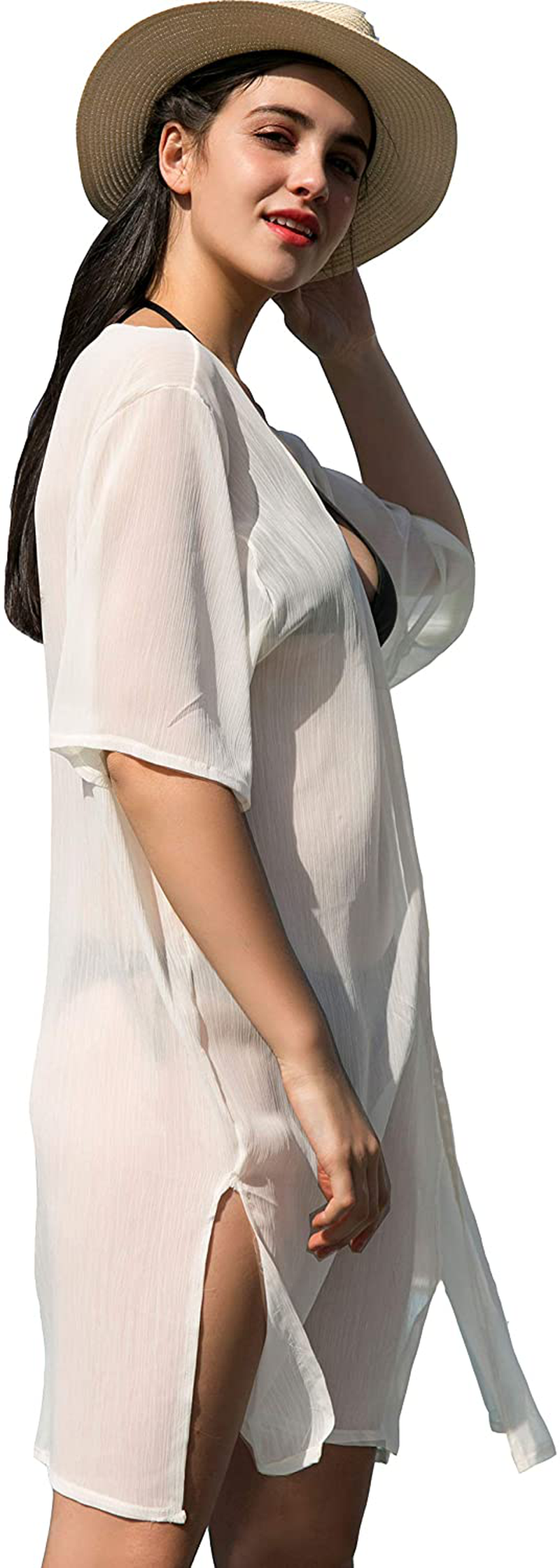 LA CARRIE Women'S Chiffon Kimono Cardigan Cover up with Half Sleeve Summer Sheer Beachwear Swimsuit for Bikini Apparel & Accessories > Clothing > Swimwear Kylie Max   