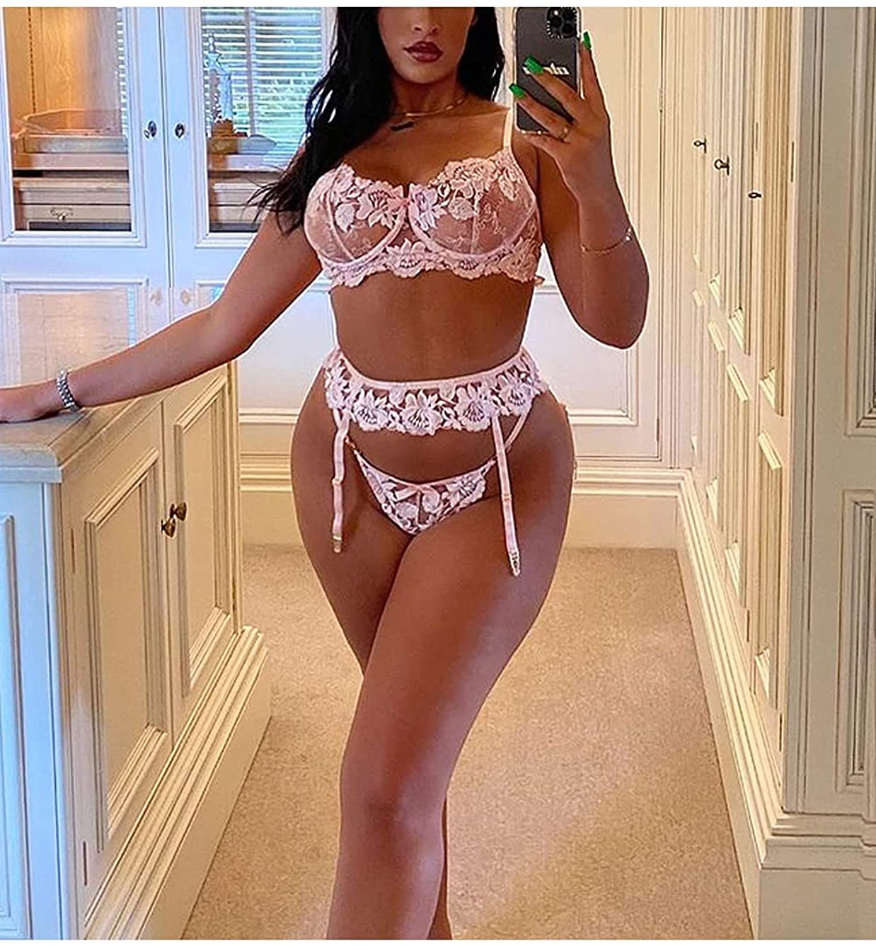 Kaei&Shi Floral Embroidered Mesh Sheer,Underwire,G-String,Garter Lingerie Set Apparel & Accessories > Clothing > Underwear & Socks > Lingerie Kaei&Shi   