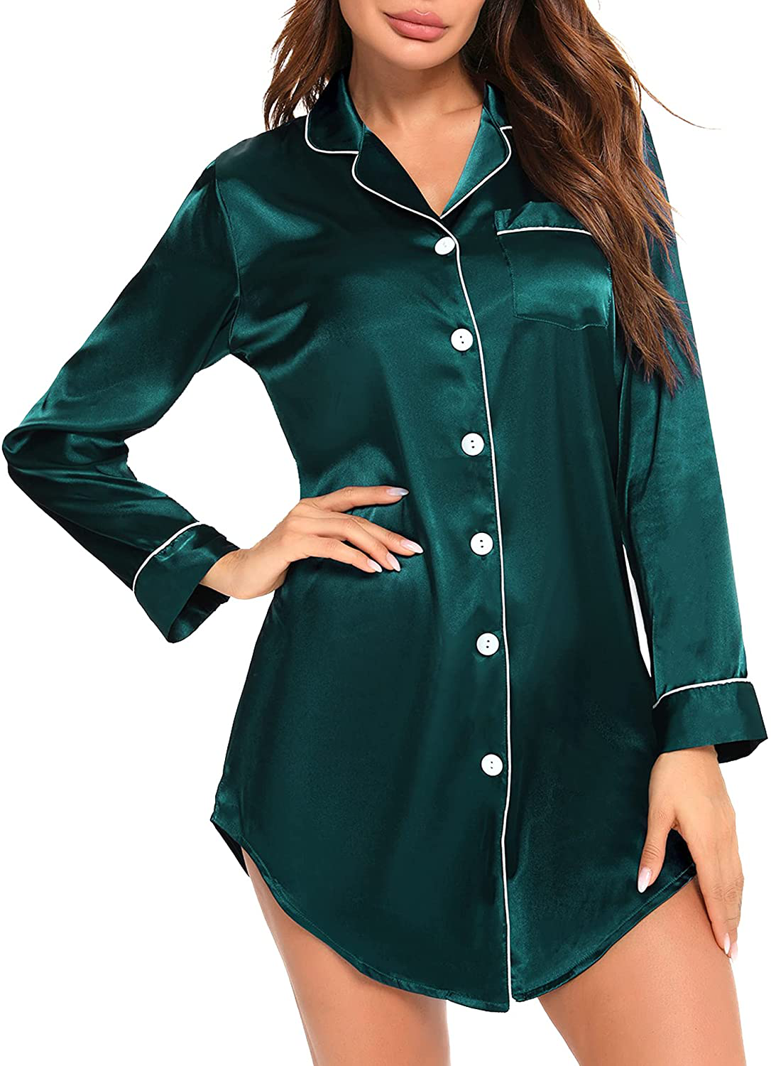 SWOMOG Women'S Satin Sleep Shirt Long Sleeve Sleepwear Silk Nightshirt Button down Pajama Top Apparel & Accessories > Clothing > Sleepwear & Loungewear > Nightgowns Kylie Max   