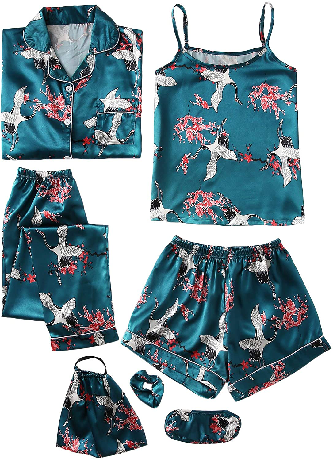 SheIn Women's 7pcs Pajama Set Cami Pjs with Shirt and Eye Mask Apparel & Accessories > Clothing > Sleepwear & Loungewear > Pajamas SheIn Dark Green Large 
