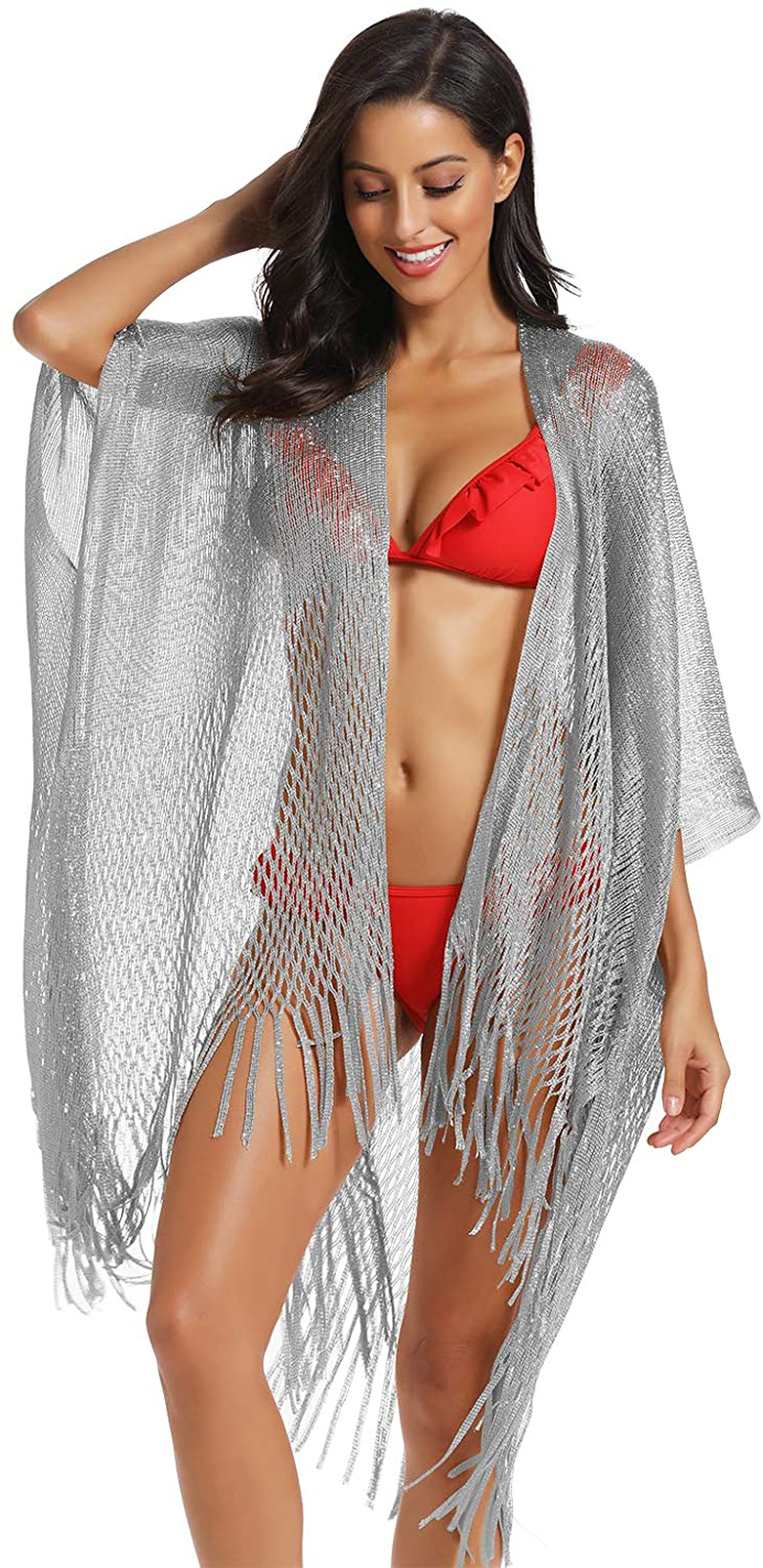 Metallic Sparkly Kimono Cardigan Swimsuit Beach Bikini Cover Ups Open Front Casual Blouse Tops Apparel & Accessories > Clothing > Swimwear Kylie Max   
