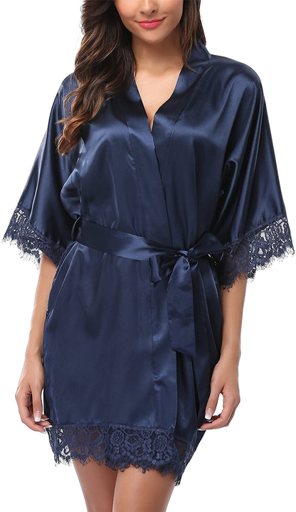 Giova Women'S Lace Trim Kimono Robe Bride Bridesmaids Wedding Shower Satin Short Robe Apparel & Accessories > Clothing > Sleepwear & Loungewear > Robes Giova   