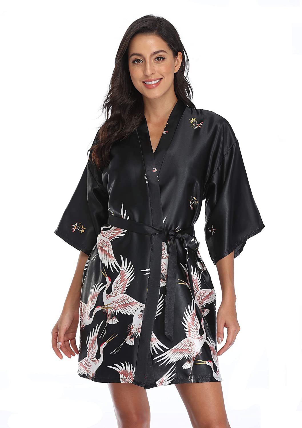 Original Kimono Women'S Floral Crane Kimono Robe Short Silky Sleepwear plus Size Satin Spa Party Dressing Gown Apparel & Accessories > Clothing > Sleepwear & Loungewear > Robes Original Kimono Black Small 
