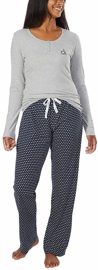 Calvin Klein Womens 2 Piece Fleece Pajama Set Apparel & Accessories > Clothing > Sleepwear & Loungewear > Pajamas Calvin Klein Grey/Navy Swiss Dot Large 