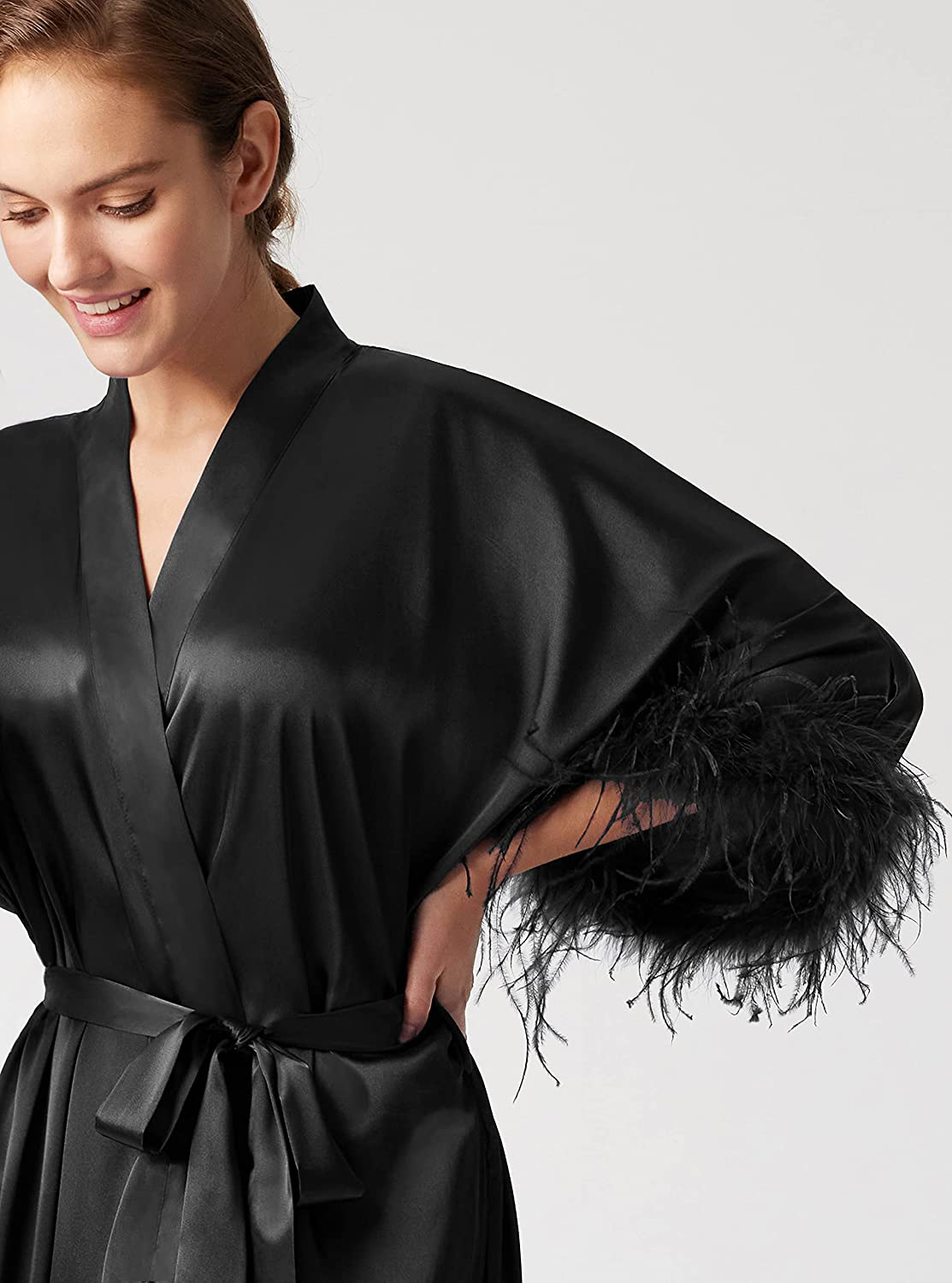 PRODESIGN Satin Kimono Robe Long Bath Robe with Ostrich Feather Trim Sleepwear Wedding Bridesmaid Robe Apparel & Accessories > Clothing > Sleepwear & Loungewear > Robes PRODESIGN   