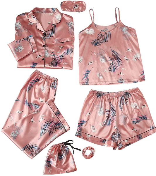 Shein Women'S 7Pcs Printed Cami and Shorts Satin Pajama Set with Shirt and Eye Mask Apparel & Accessories > Clothing > Sleepwear & Loungewear Kylie Max   