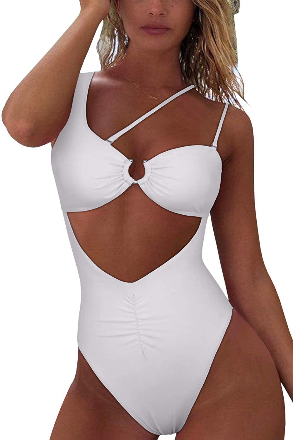 QINSEN Womens One Shoulder Cutout Ruched Back High Cut Monokini One Piece Swimsuit Apparel & Accessories > Clothing > Swimwear Kylie Max   