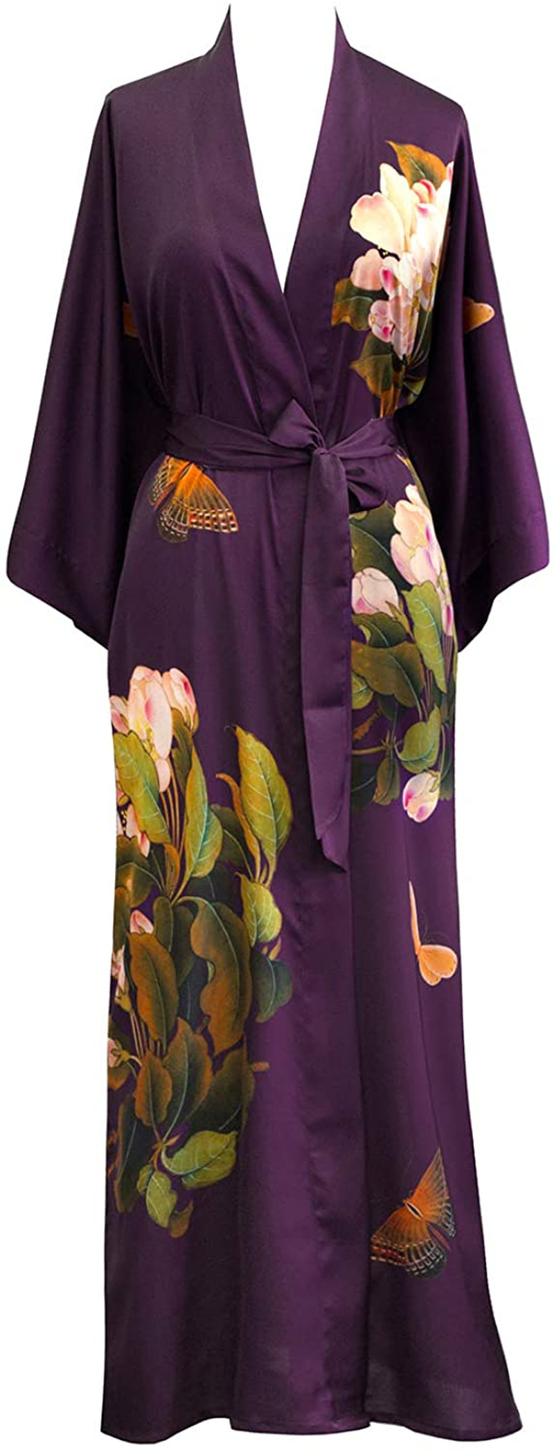 KIM+ONO Women'S Charmeuse Kimono Robe Long - Watercolor Floral Apparel & Accessories > Clothing > Sleepwear & Loungewear > Robes KIM+ONO Peony & Butterfly - Plum  