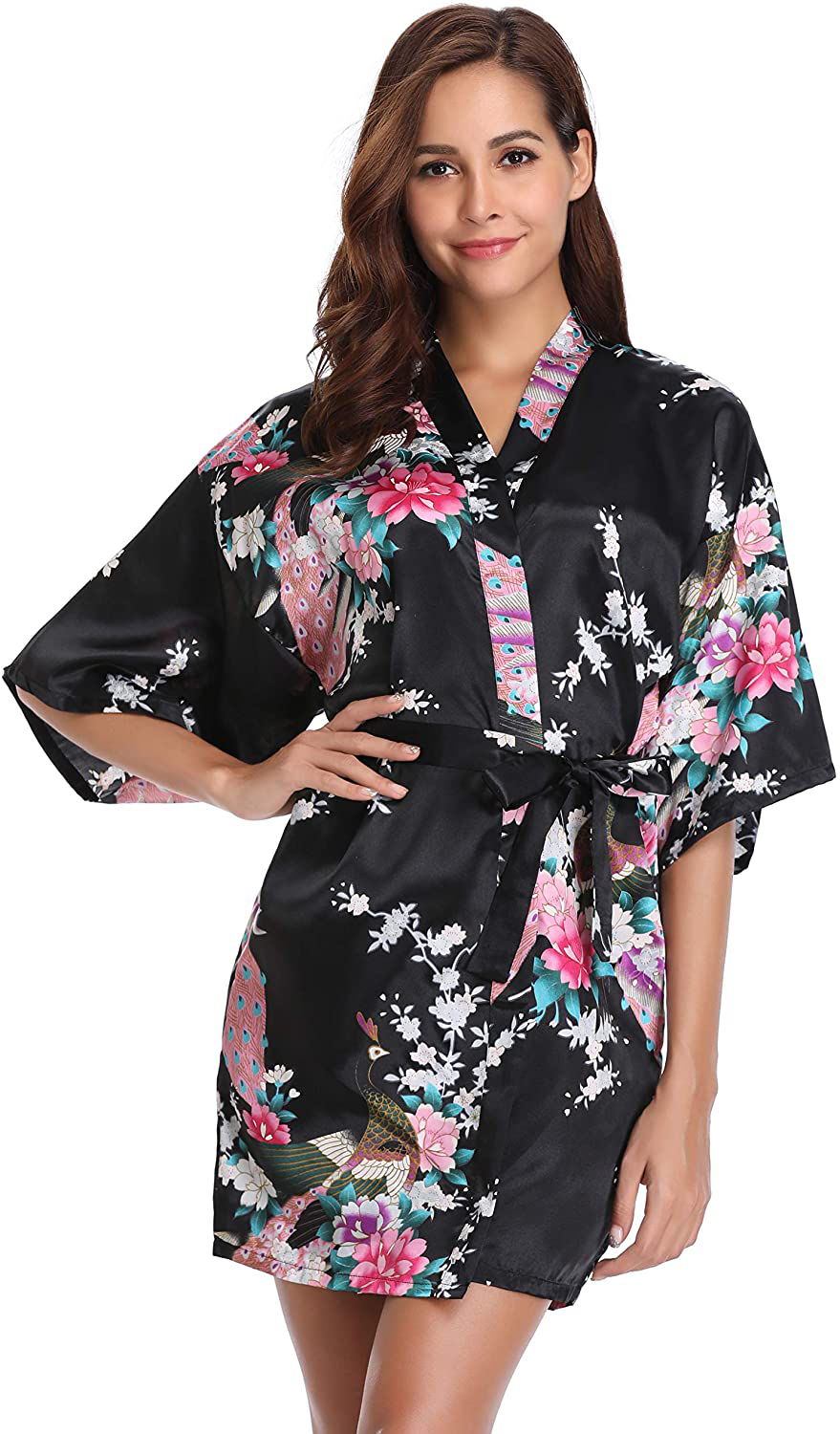 Vlazom Women'S Kimono Robes Short Satin Pure Color Bridal Party Robe with Oblique V-Neck Apparel & Accessories > Clothing > Sleepwear & Loungewear > Robes KYLIE MAX Y-black Floral Small 