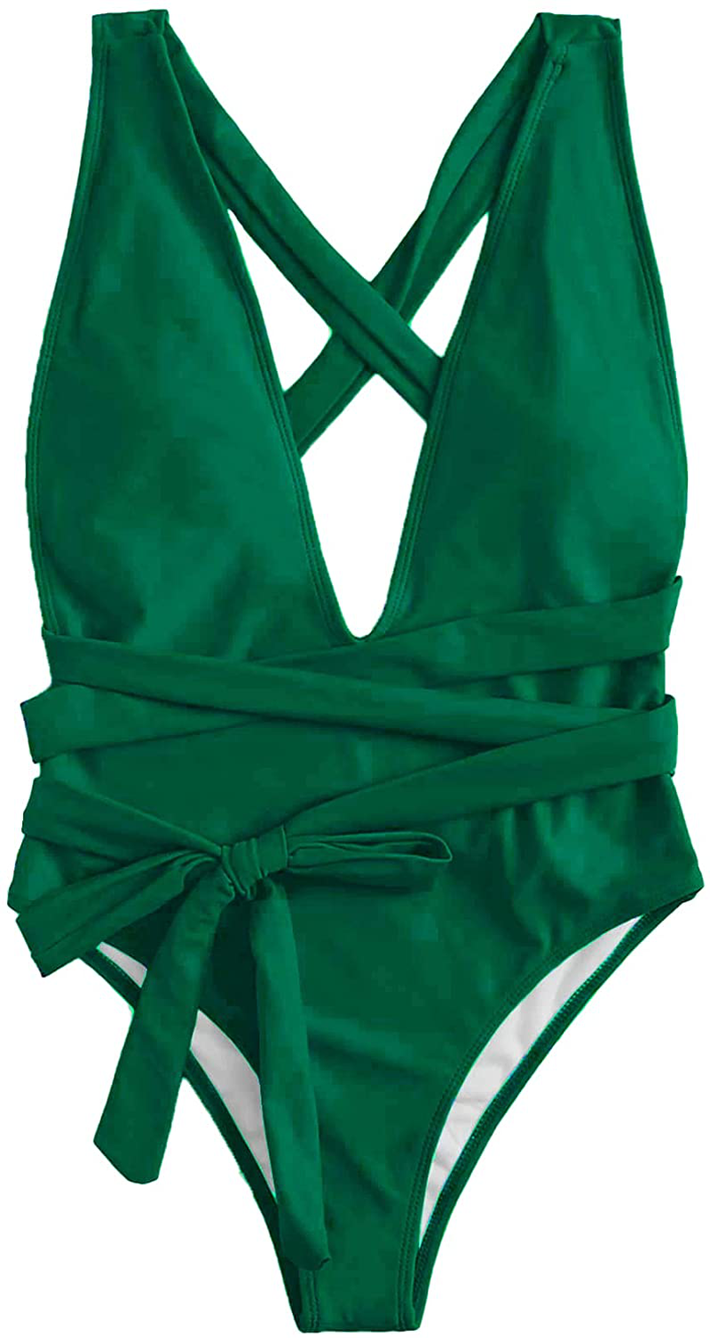 Lilosy Sexy Self Tie Criss Cross Plunge Backless High Cut Thong One Piece Swimsuit for Women Padded Bathing Suit Bikini Apparel & Accessories > Clothing > Swimwear Kylie Max   