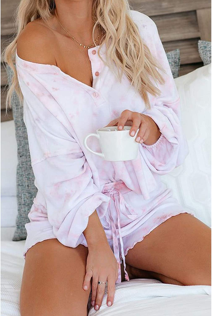 Century Star Women Pajamas Tie Dye Print Long Sleeve Shirt Elastic Drawstring Shorts 2 Piece Set Sleepwear Loungewear Apparel & Accessories > Clothing > Sleepwear & Loungewear > Pajamas Kylie Max   