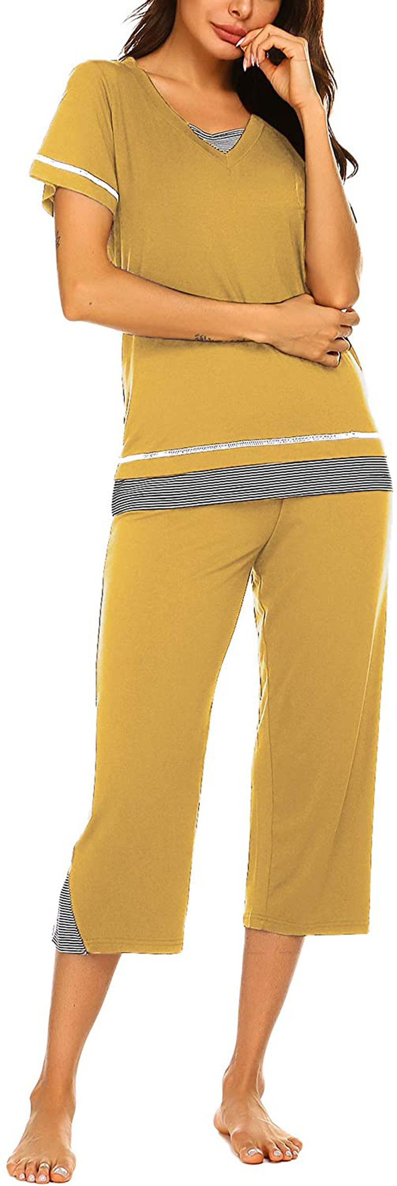 Ekouaer Women's Pajamas Set Soft V Neck Striped Sleepwear Top and Capri Pj Lounge Sets Apparel & Accessories > Clothing > Sleepwear & Loungewear > Pajamas Ekouaer   