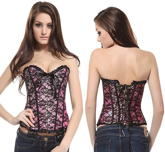 Loboo Idea Women'S Lace up Boned Overbust Corset Bustier Bodyshaper Top, Trim Corset Overbust Waist Cincher Bustier Top Apparel & Accessories > Clothing > Underwear & Socks > Lingerie Loboo Idea Pink 3XL(US Size: 12-14)/ Waist: 34-35 Inch 