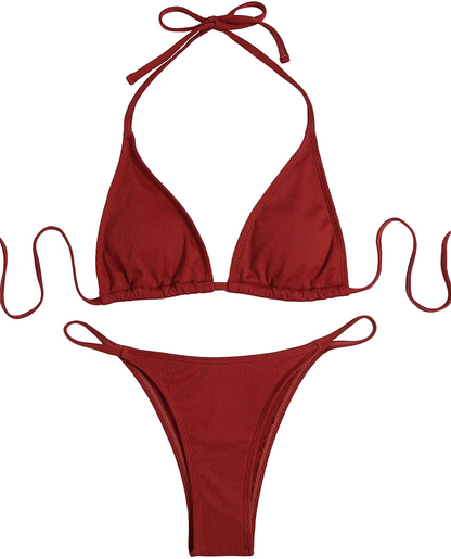 SOLY HUX Women's Halter Triangle Tie Side Bikini 2 Piece Swimsuits Apparel & Accessories > Clothing > Swimwear SOLY HUX Burgundy Large 