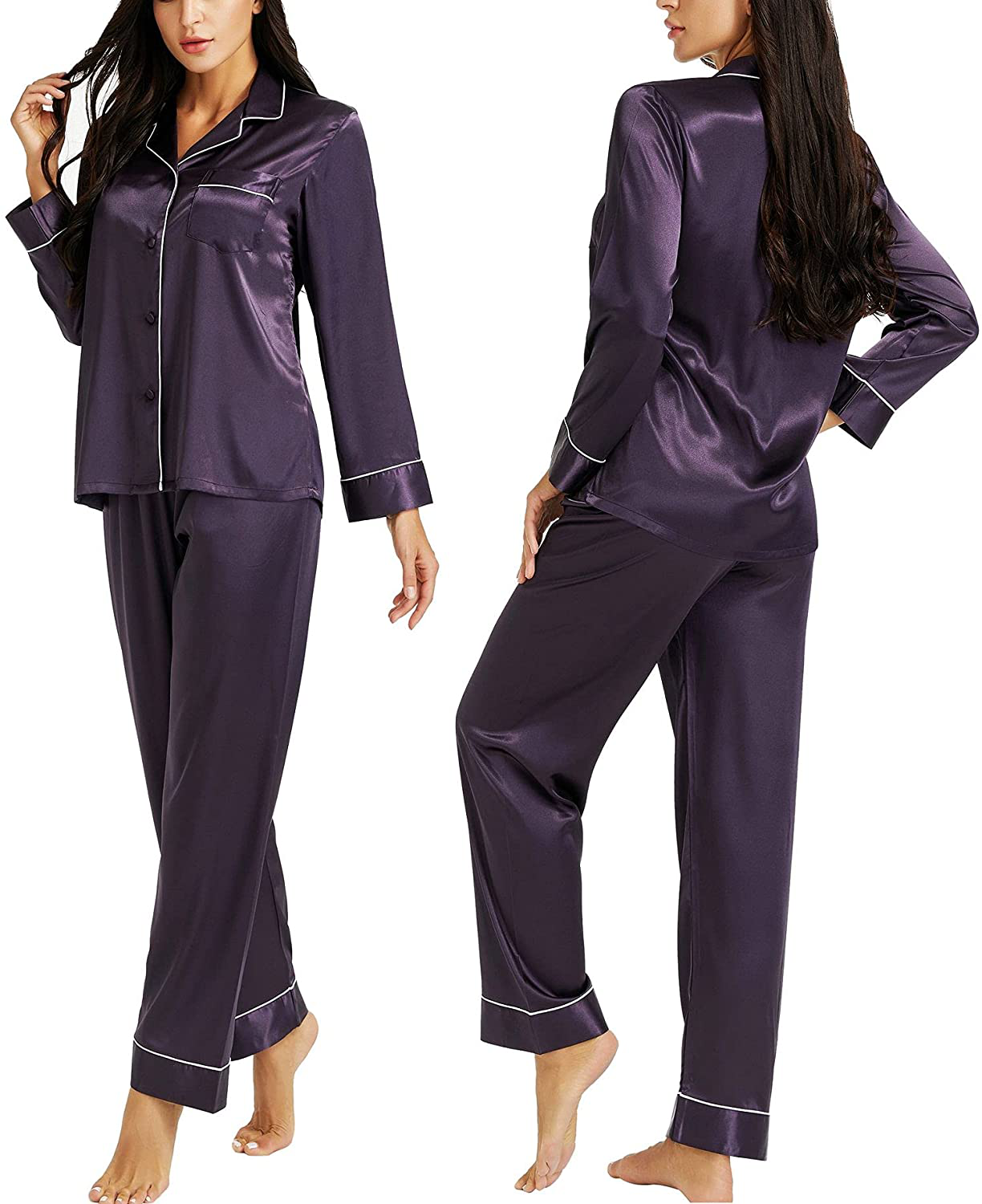 LONXU Womens Silk Satin Pajamas Set Button Down Sleepwear Loungewear XS~3XL Apparel & Accessories > Clothing > Sleepwear & Loungewear > Pajamas Lonxu Dark Purple X-Large 