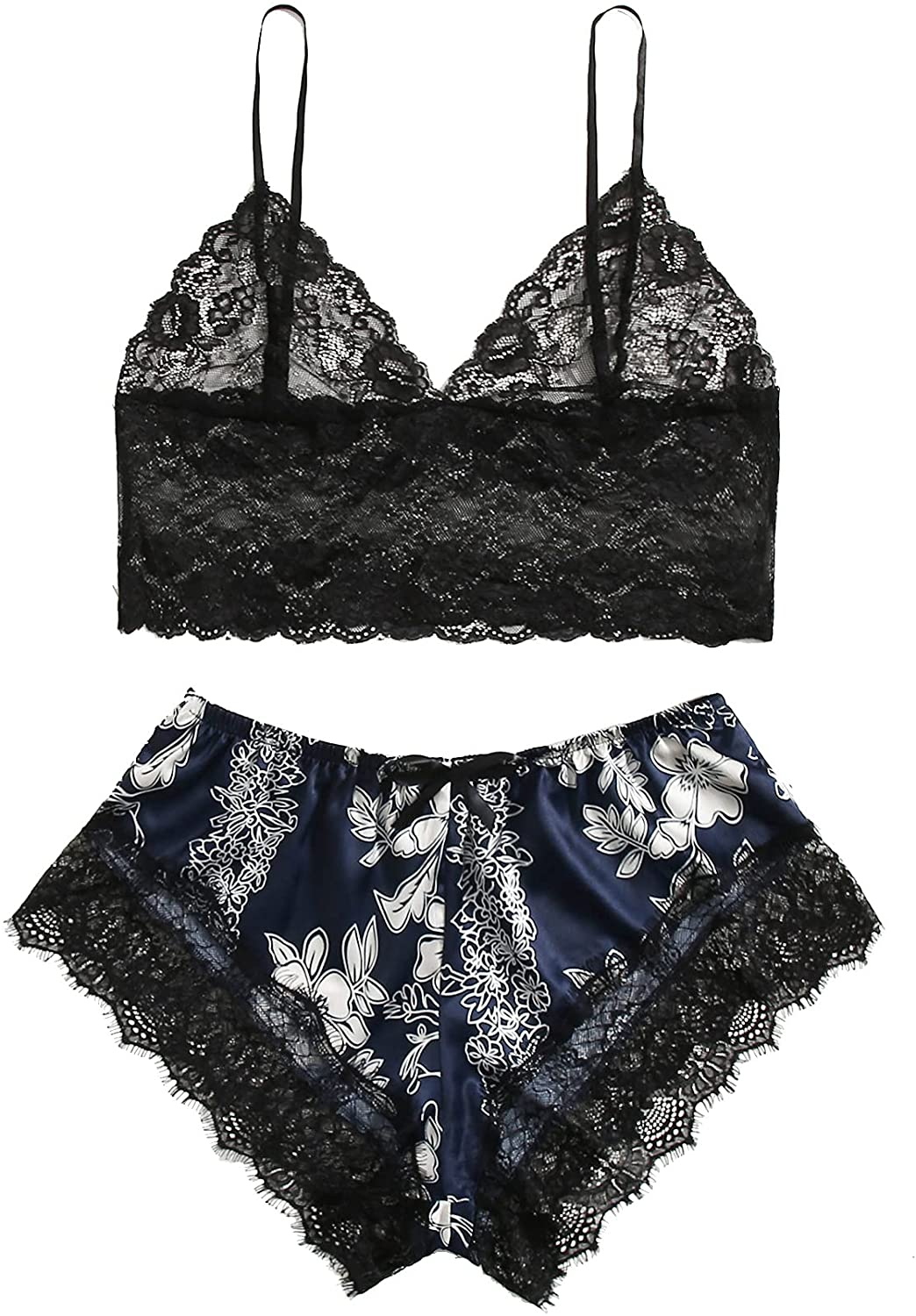 SOLY HUX Women'S plus Size Spaghetti Strap Lace Trim Bralette and Shorts Sleepwear Pajama Lingerie Set Apparel & Accessories > Clothing > Underwear & Socks > Lingerie KYLIE MAX Navy Blue Floral X-Large Plus 