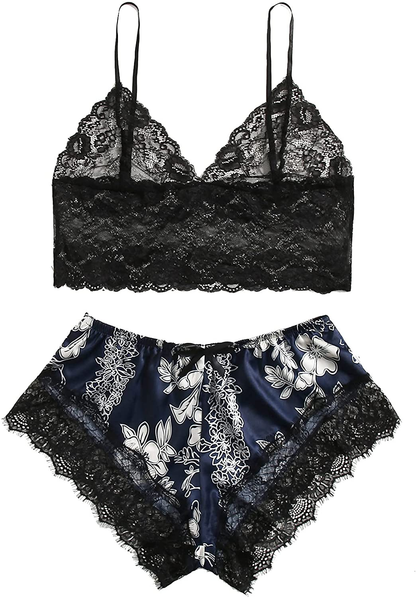 SOLY HUX Women'S plus Size Spaghetti Strap Lace Trim Bralette and Shorts Sleepwear Pajama Lingerie Set Apparel & Accessories > Clothing > Underwear & Socks > Lingerie KYLIE MAX Navy Blue Floral X-Large Plus 