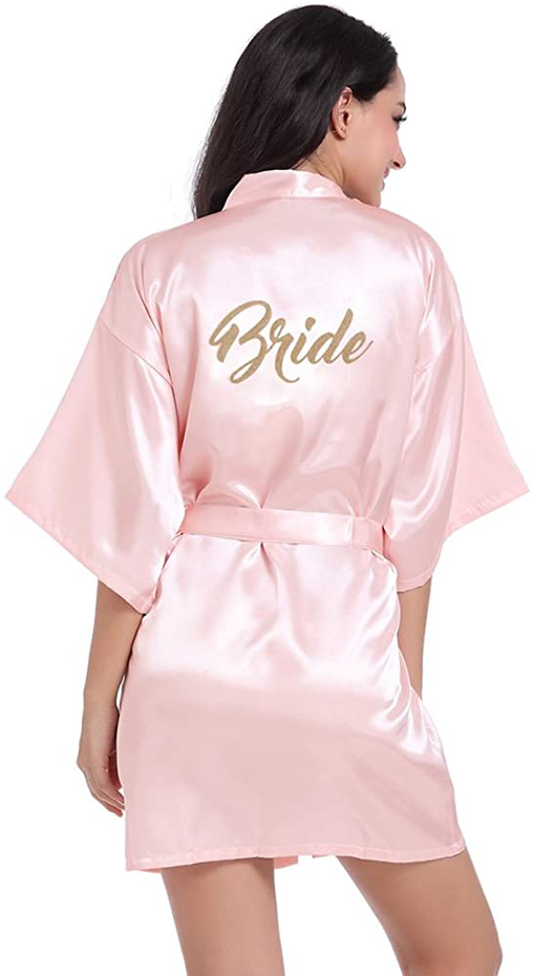Satin Kimono Wedding Party Getting Ready Robe Bride Robe Bridal Kimono Bridesmaid Proposal Gifts Apparel & Accessories > Clothing > Sleepwear & Loungewear > Robes Elountik Pink for Bride Small 
