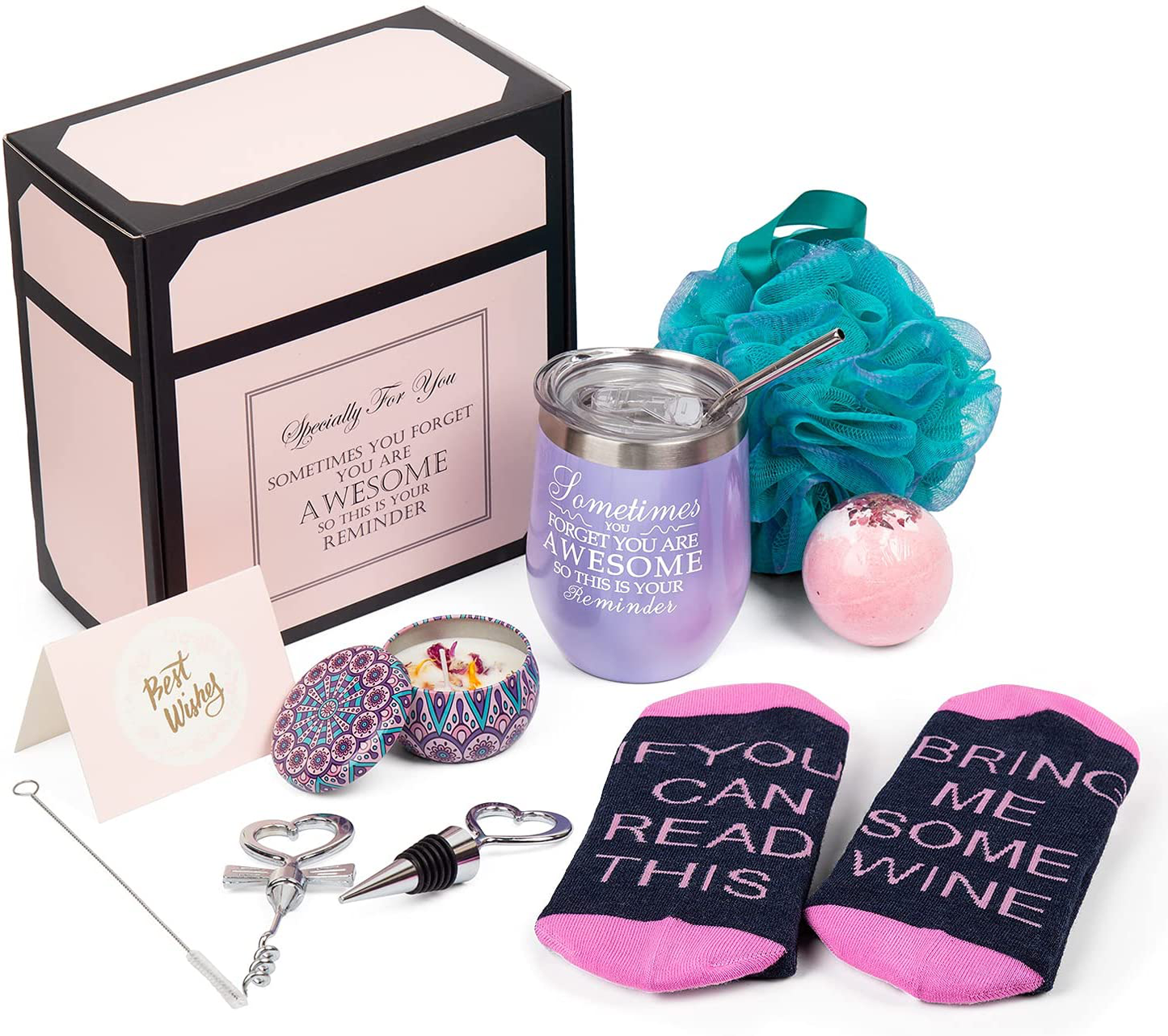 Wine Gifts for Women Wine Insulated Tumbler Birthday Gift for Wine Lover Christmas Gift Basket for Mom Wife Sister Girlfriend Bottle Opener/Stopper Loofah Sponge Rose Gold Arts & Entertainment > Party & Celebration > Gift Giving Psukhai Purple  