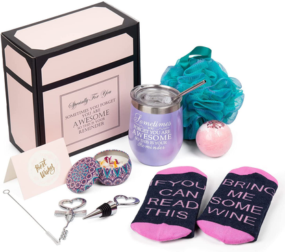 Wine Gifts for Women Wine Insulated Tumbler Birthday Gift for Wine Lover Christmas Gift Basket for Mom Wife Sister Girlfriend Bottle Opener/Stopper Loofah Sponge Rose Gold Arts & Entertainment > Party & Celebration > Gift Giving Psukhai Purple  