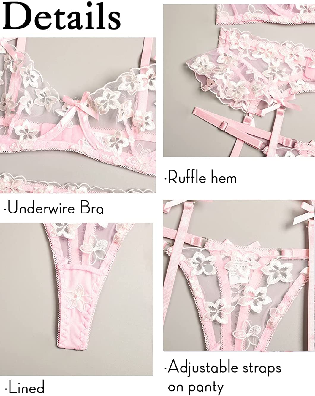 Kaei&Shi Garter Lingerie for Women,Underwire Embroidered Sexy Lingerie,Ruffle 3 Piece Lingerie Set Apparel & Accessories > Clothing > Underwear & Socks > Lingerie Kaei&Shi   