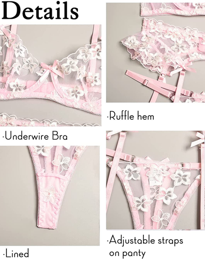 Kaei&Shi Garter Lingerie for Women,Underwire Embroidered Sexy Lingerie,Ruffle 3 Piece Lingerie Set Apparel & Accessories > Clothing > Underwear & Socks > Lingerie Kaei&Shi   