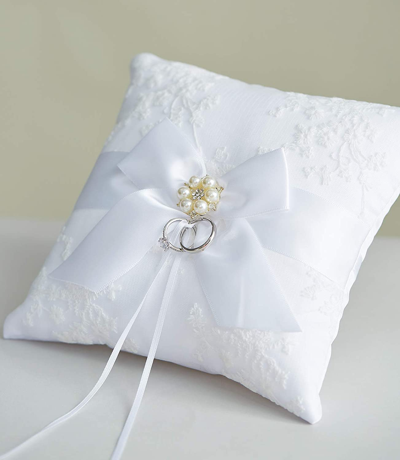 ATAILOVE Wedding Flower Girl Basket and Ring Bearer Pillow Set, Satin Bow Lace Rhinestone Collection (White) Apparel & Accessories > Clothing > Underwear & Socks > Lingerie ATAILOVE   