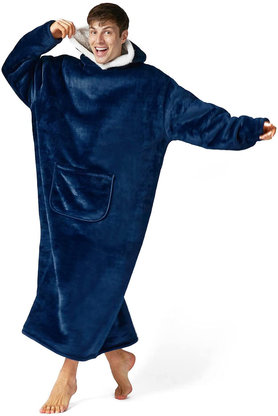 Hansleep Wearable Blanket Sherpa Oversized Sweatshirt with Hoodie, Soft Warm Flannel Fleece Throw Blankets Sweatshirt with Sleeves and Pocket, One Size Fits All (Grey, Medium) Arts & Entertainment > Party & Celebration > Gift Giving Hansleep Navy Long 