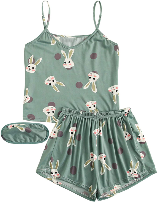 DIDK Women'S Cartoon Print Spaghetti Strap Cami Pajama Set Short Sleepwear Apparel & Accessories > Clothing > Sleepwear & Loungewear Kylie Max   