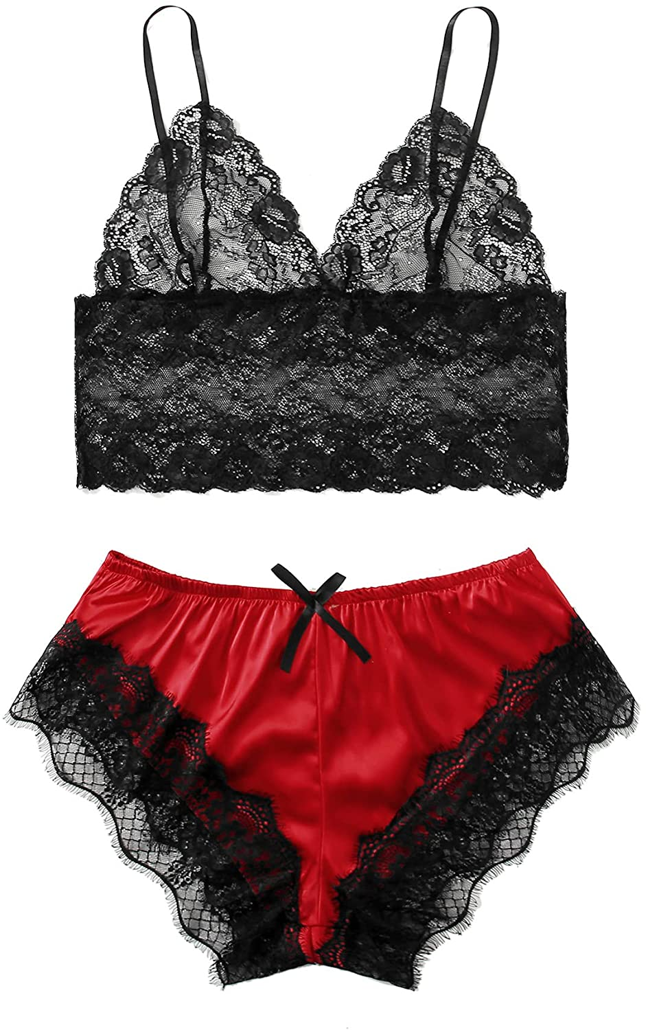 SOLY HUX Women'S plus Size Spaghetti Strap Lace Trim Bralette and Shorts Sleepwear Pajama Lingerie Set Apparel & Accessories > Clothing > Underwear & Socks > Lingerie KYLIE MAX Red Black 4X-Large Plus 