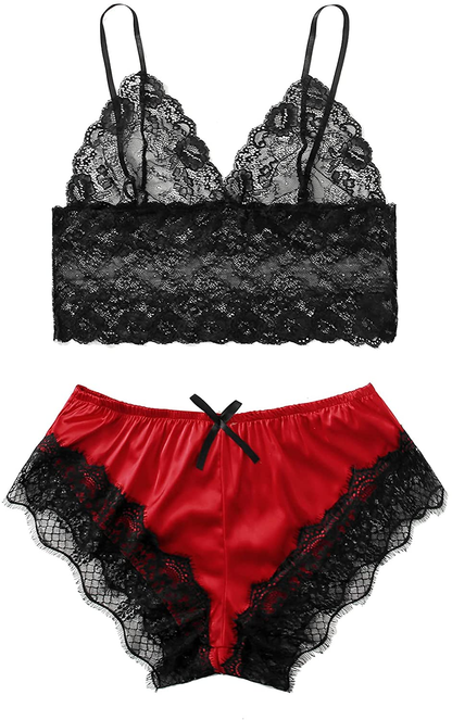 SOLY HUX Women'S plus Size Spaghetti Strap Lace Trim Bralette and Shorts Sleepwear Pajama Lingerie Set Apparel & Accessories > Clothing > Underwear & Socks > Lingerie KYLIE MAX Red Black 4X-Large Plus 