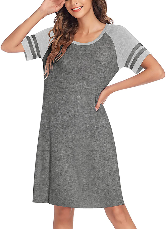 Hotouch Nightshirts Womens Nightgowns Raglan Striped Short Sleeve Sleepwear Comfy Sleepshirt S-XXL Apparel & Accessories > Clothing > Sleepwear & Loungewear > Nightgowns Kylie Max   