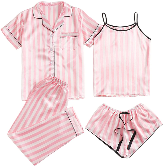 WDIRARA Women'S Silk Satin Pajama Set 4 Pieces Sleepwear Loungewear Pj Sets Apparel & Accessories > Clothing > Sleepwear & Loungewear Kylie Max   