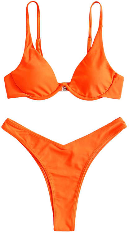 SweatyRocks Women's Sexy Bathing Suits Spaghetti Strap Floral Bikini Set Underwire Swimsuit Apparel & Accessories > Clothing > Swimwear SweatyRocks Solid Orange X-Small 