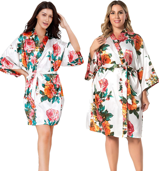 EPLAZA Women Floral Silky Satin Robe Wedding Bridal Party Bride Bridesmaid Robes Kimono Loungewear Dressing Gowns Apparel & Accessories > Clothing > Sleepwear & Loungewear > Robes EPLAZA White XX-Large-3X-Large 