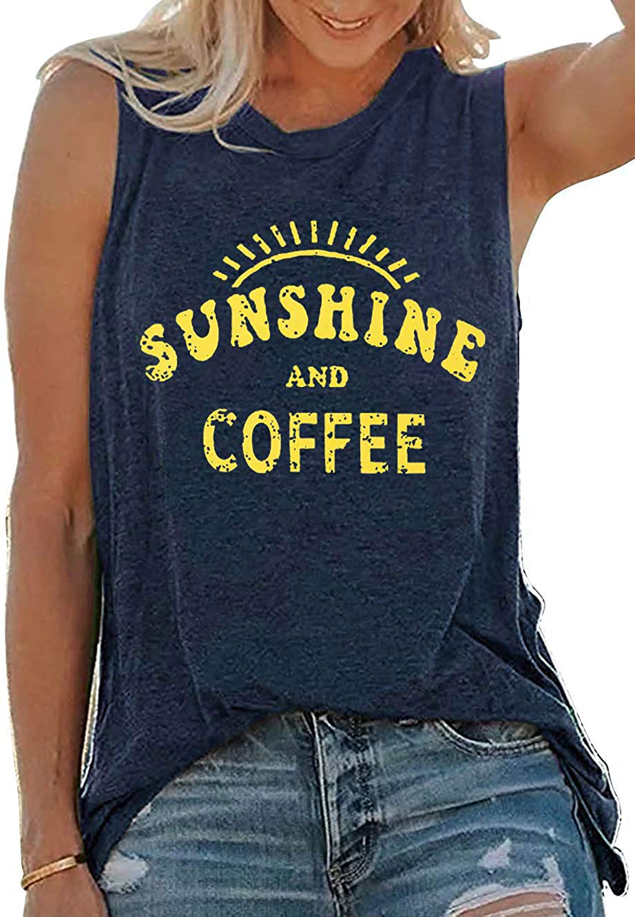 Umsuhu Sunshine and Coffee Tank Casual Summer Graphic Tank Tops for Women Sleeveless Graphic Tank Tops Tee Shirts Apparel & Accessories > Clothing > Activewear Kylie Max   