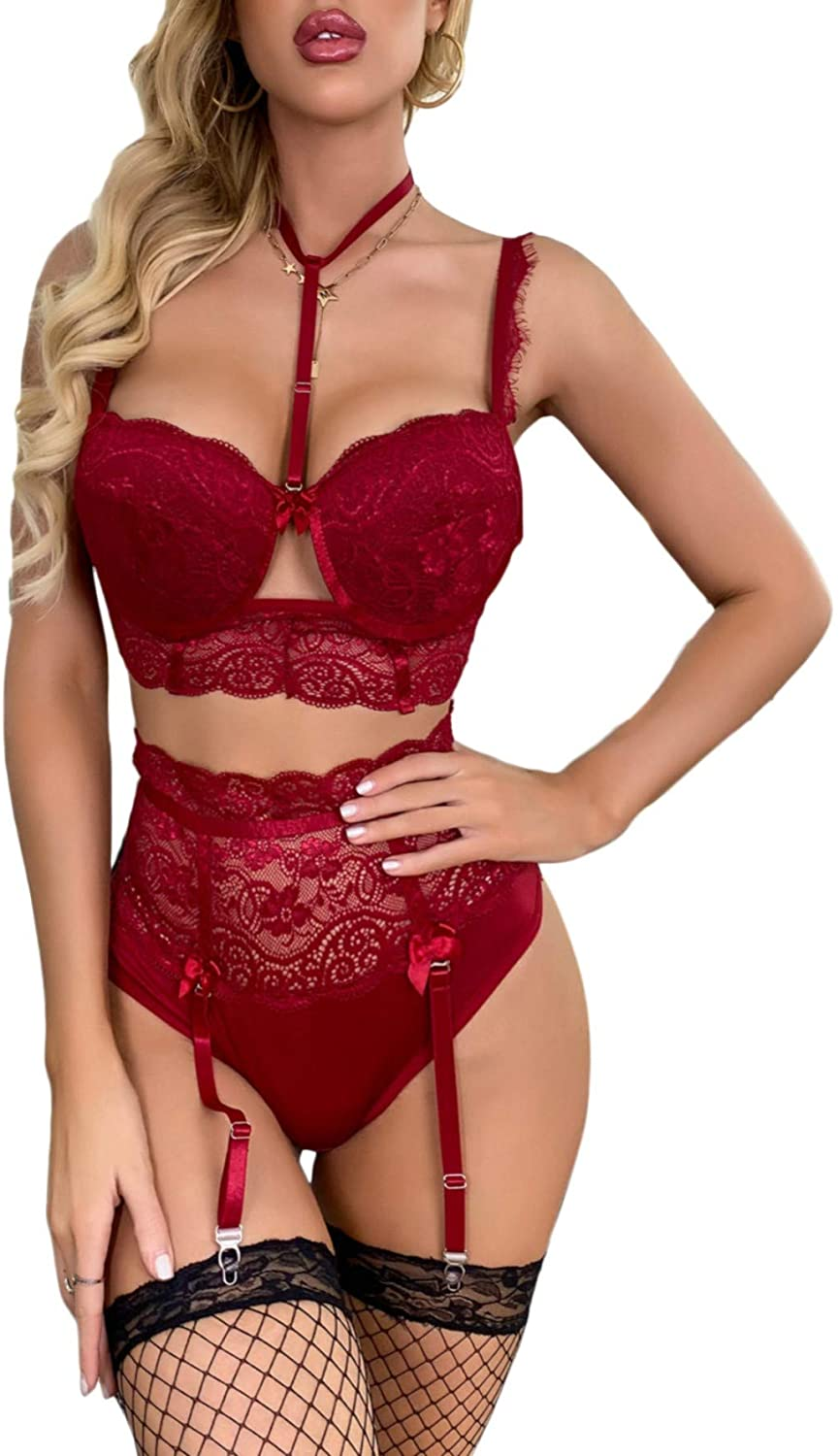 Shein Women'S Floral Lace Underwire Bras Lingerie with Garter Belt and Stockings Sets Apparel & Accessories > Clothing > Underwear & Socks > Lingerie SheIn Burgundy Medium 