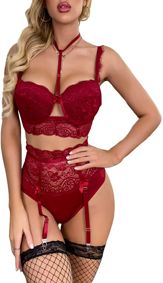 Shein Women'S Floral Lace Underwire Bras Lingerie with Garter Belt and Stockings Sets Apparel & Accessories > Clothing > Underwear & Socks > Lingerie SheIn Burgundy Medium 