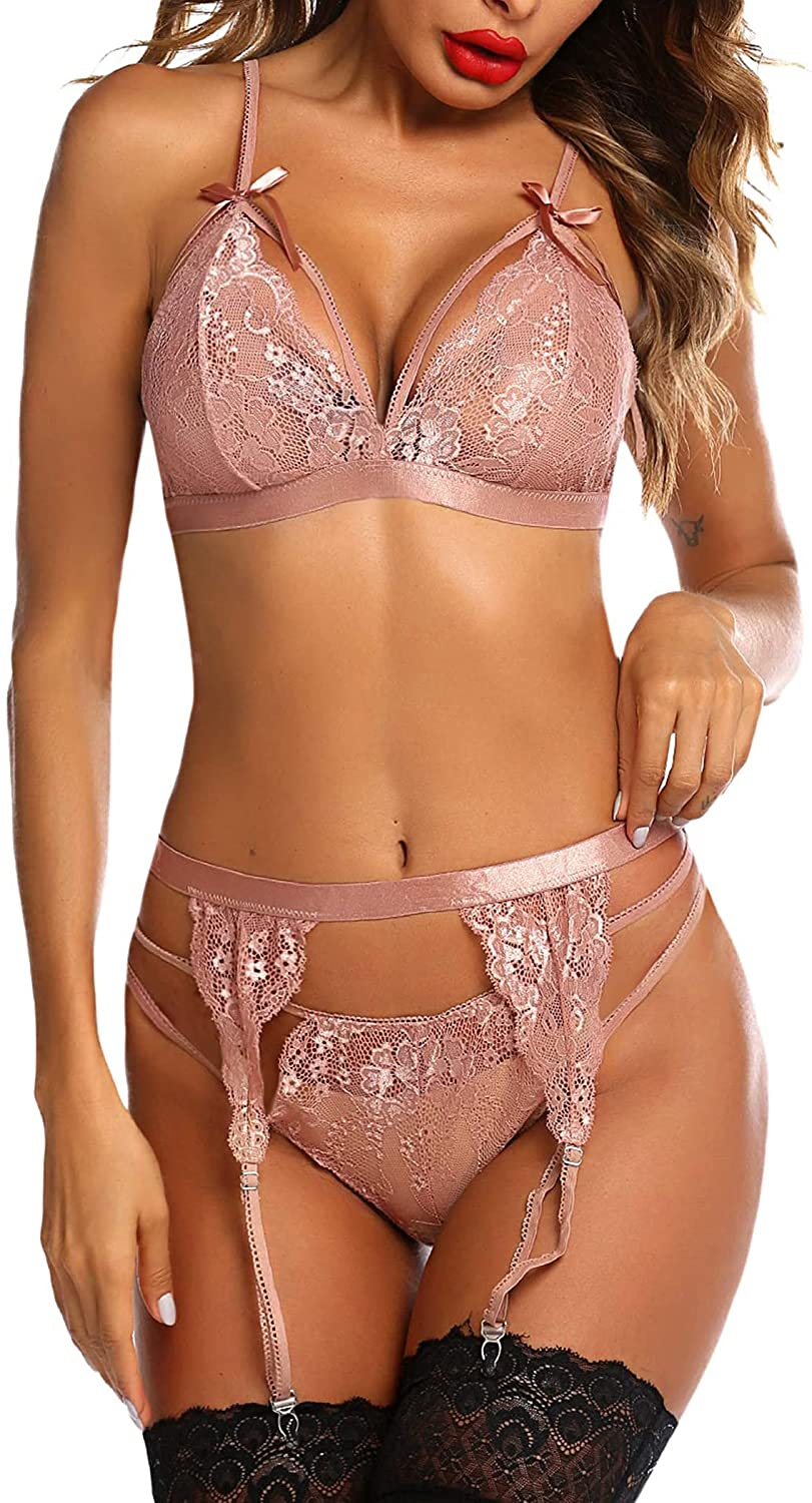 Avidlove Women Lingerie Set Lace Teddy Strap Babydoll Bodysuit with Garter Belts Apparel & Accessories > Clothing > Underwear & Socks > Lingerie Avidlove Rose Pink 3X-Large 