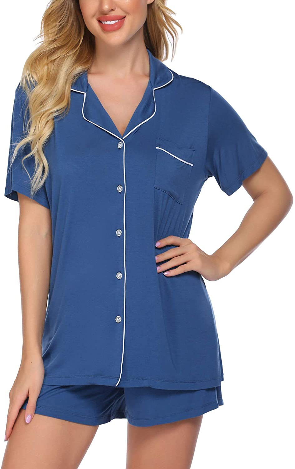 Ekouaer Pajamas Set Short Sleeve Sleepwear Womens Button Down Nightwear Soft Pj Lounge Sets XS-XXL Apparel & Accessories > Clothing > Sleepwear & Loungewear > Pajamas Ekouaer Clear Blue X-Large 